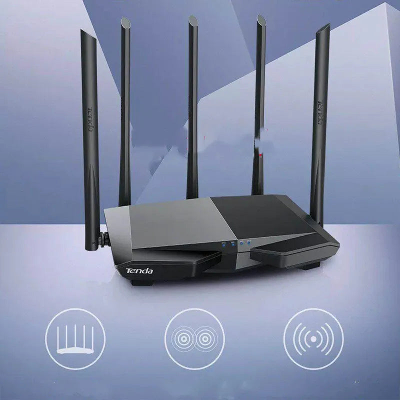 Dual-band AC7 wireless router, black, with four slots and 220 x 141.5 x 49mm body