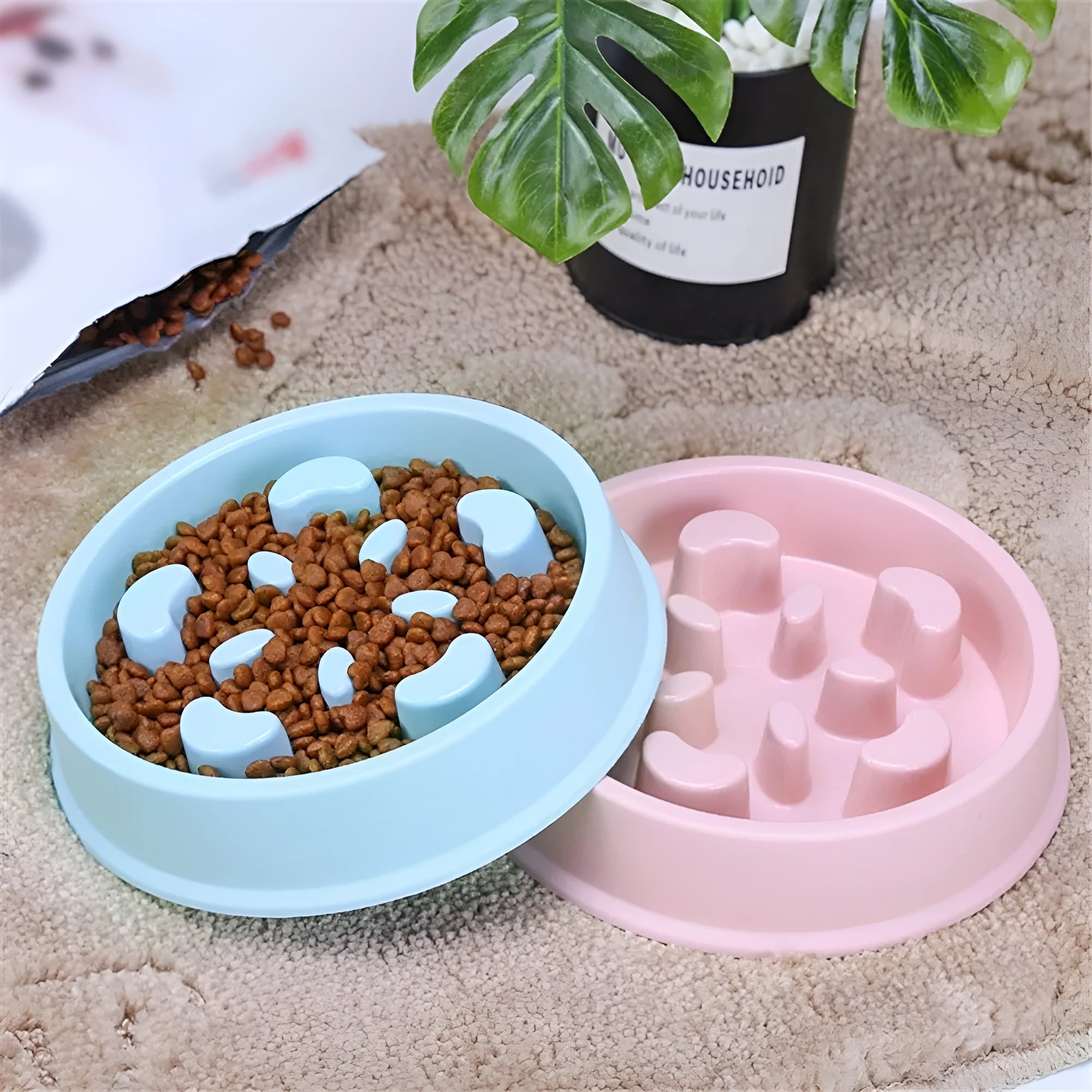 Plastic anti choking slow feeding puzzle pet bowl in blue, green, and pink colour options