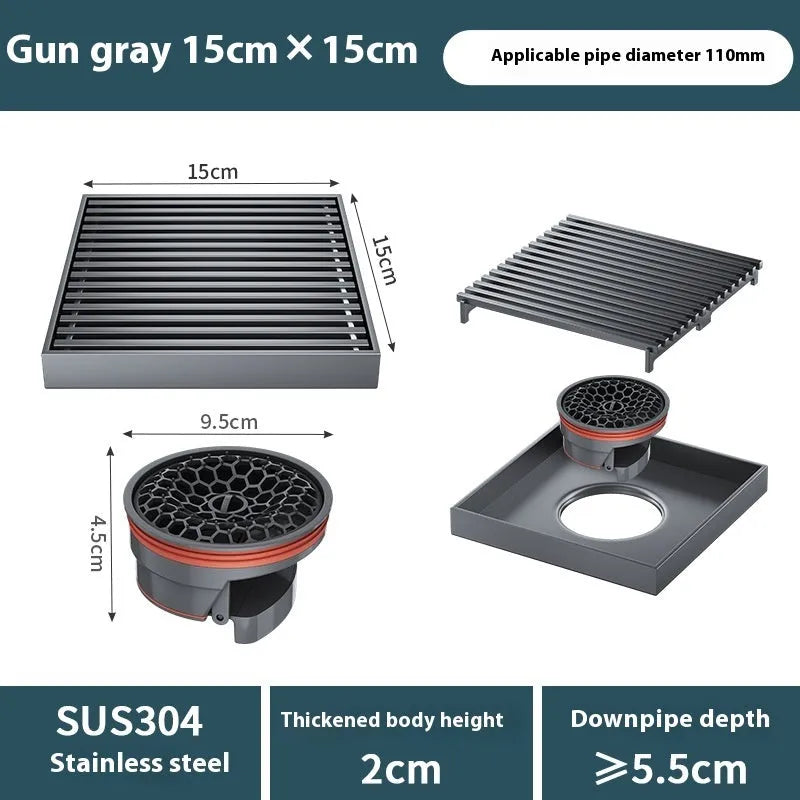 304 stainless steel courtyard floor drain with a square gun grey 15x15cm ABS plastic cover.
