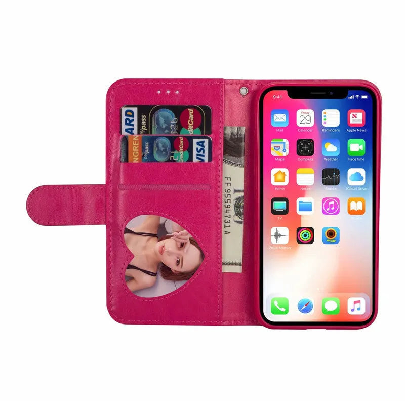 Black PU leather zipper wallet case for iPhone, shown closed and displaying card slots inside.