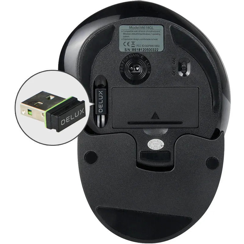 Black M618 wireless vertical ergonomic mouse on a desk, showing its 57-degree angled design and side buttons.