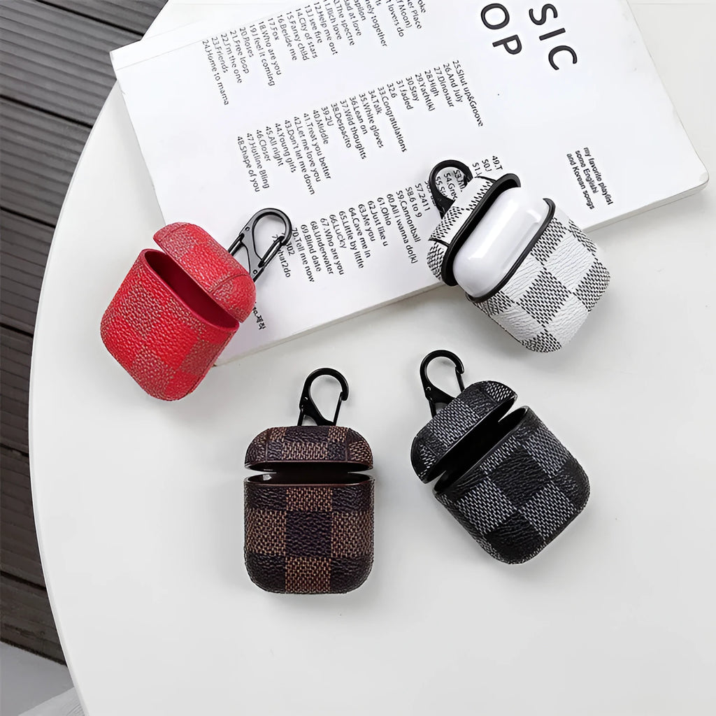 Black leather grid hard shell protective case for iPhone XS Max with anti-lost hook for Bluetooth headset.