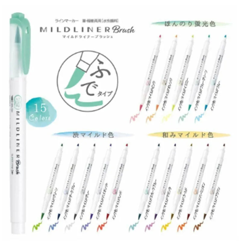 Double-sided water-based highlighter pen showing both soft and round tips with 15 colour options