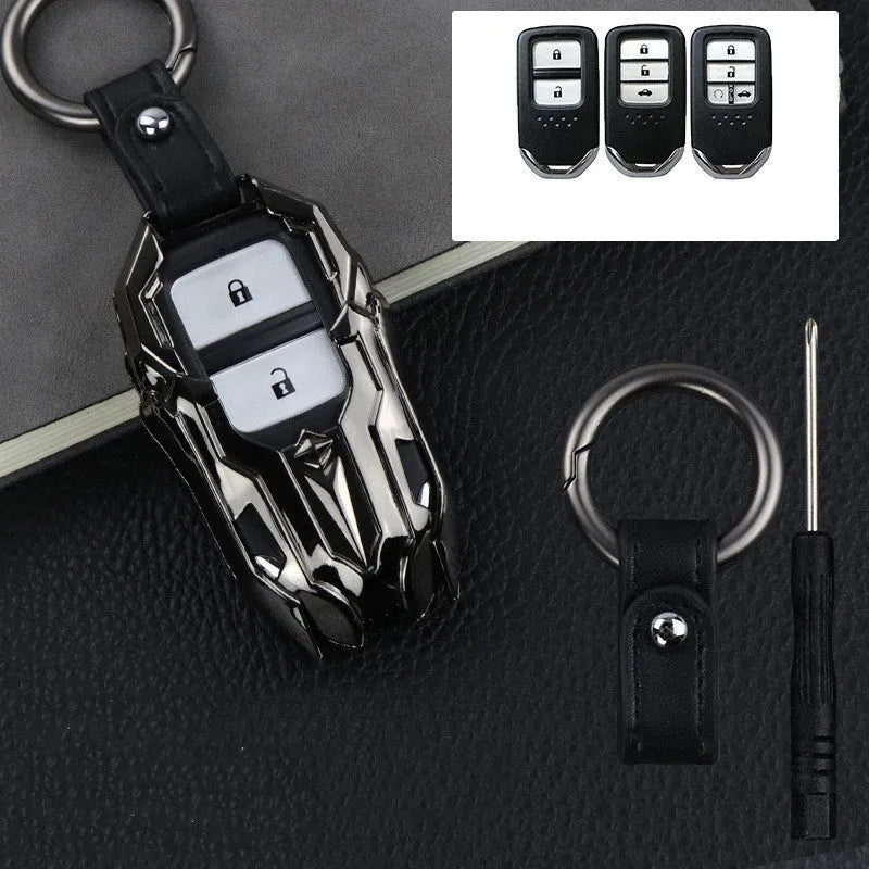 Black zinc alloy car key cover with highlight polish finish protecting a key fob
