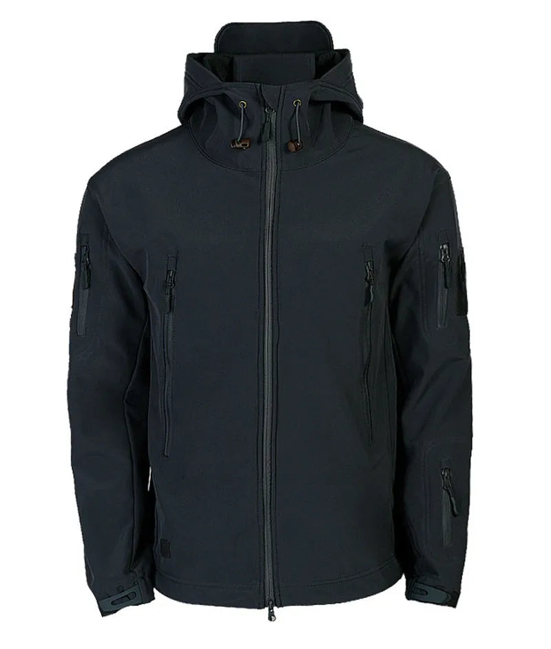 Men's windproof hooded soft shell jacket in black polyester fibre with front zipper and hood