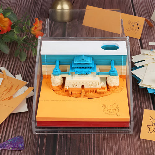 Anime architectural cartoon sticky notes pad on craft paper, 80 by 45 mm, showing One Piece castle design.