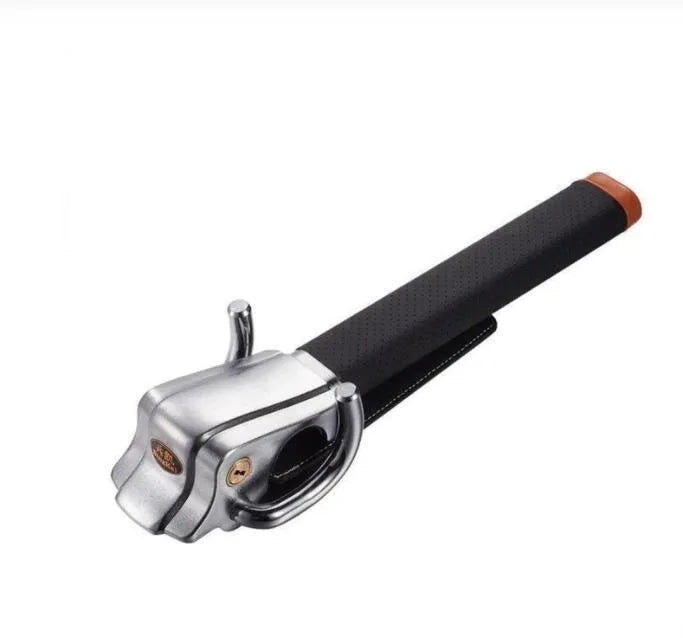 Black car steering wheel lock with alarm, alloy body and artificial leather handle, folded for storage