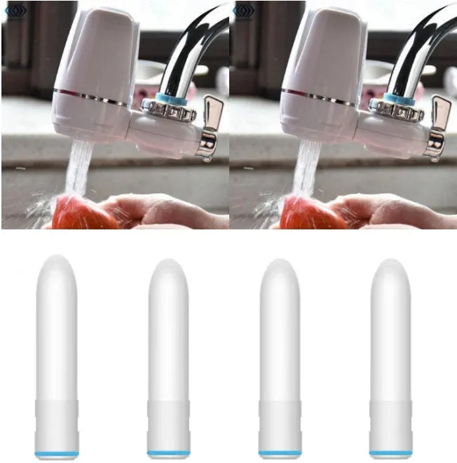 White plastic faucet water filter with ceramic cartridge and set of thread adapters