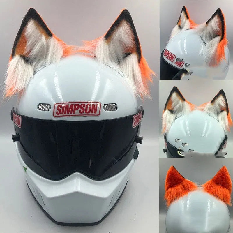 Set of black and white wolf ear and tail ornaments clipped to a motorcycle helmet