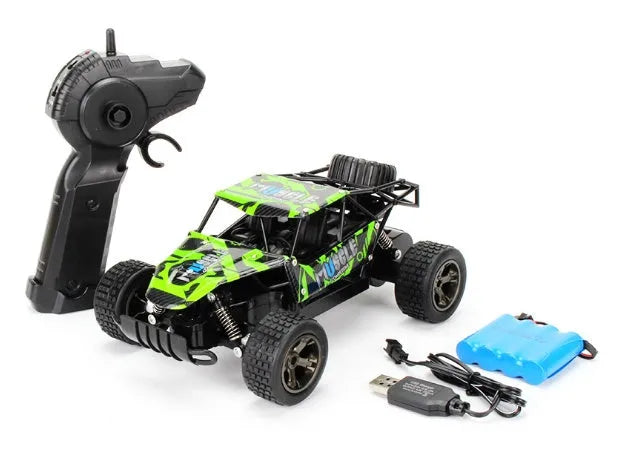 Blue 1:18 scale remote control off-road drift car with 2.4Ghz transmitter on a flat surface.