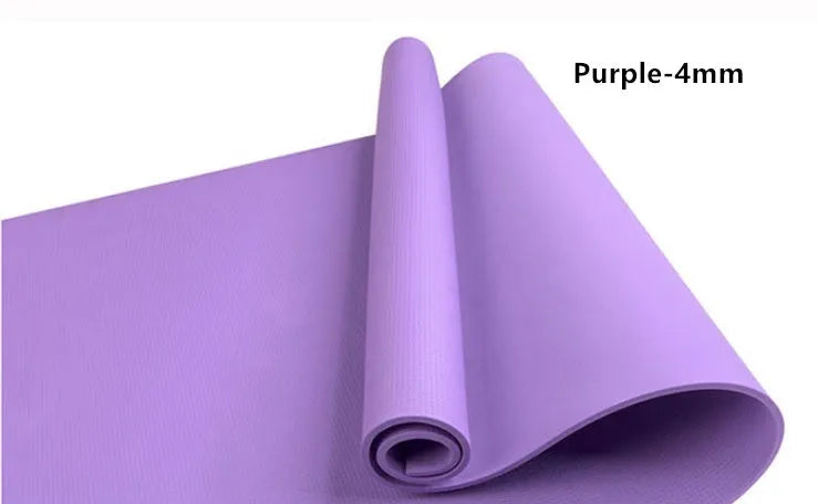 Red and blue EVA yoga mats showing 4mm and 6mm thickness options rolled up with storage bag.