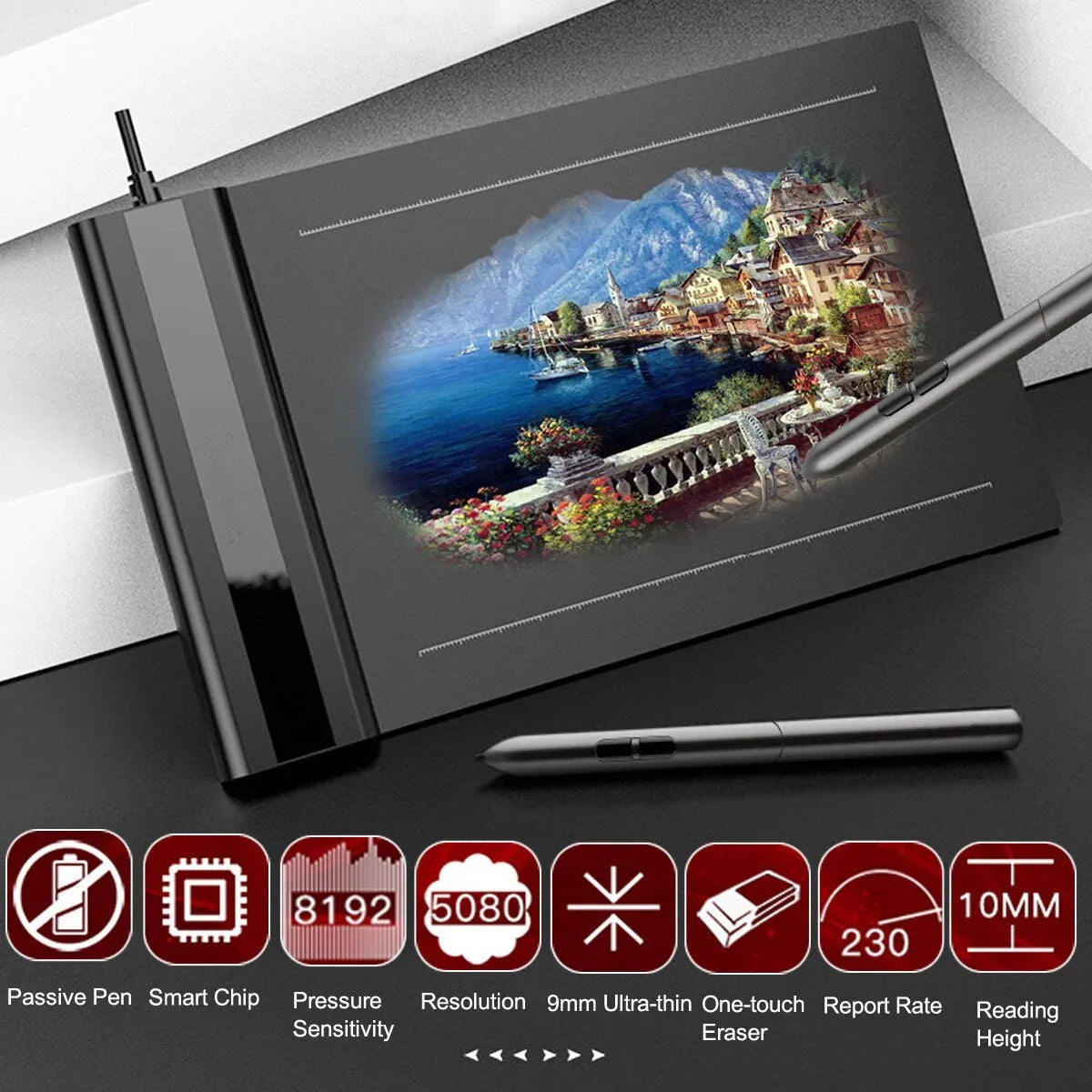 Black S640 graphics drawing tablet with 6x4 inch active area and battery-free P06 passive pen