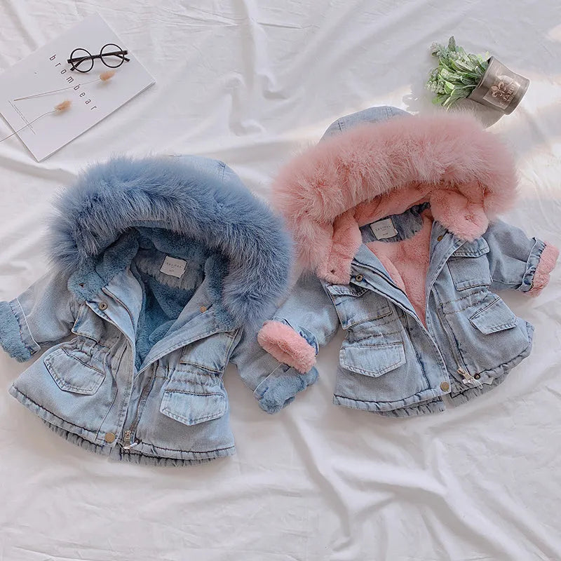 Girl's blue denim coat with hood and plus velvet thickness for Asian sizing