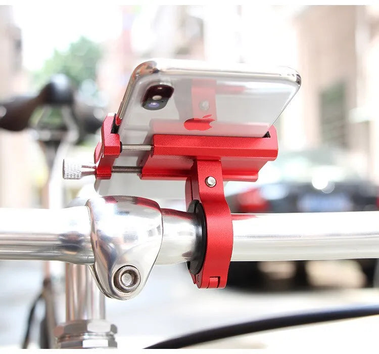 Aluminium alloy bicycle phone holder with 360-degree rotation on a bike handlebar.