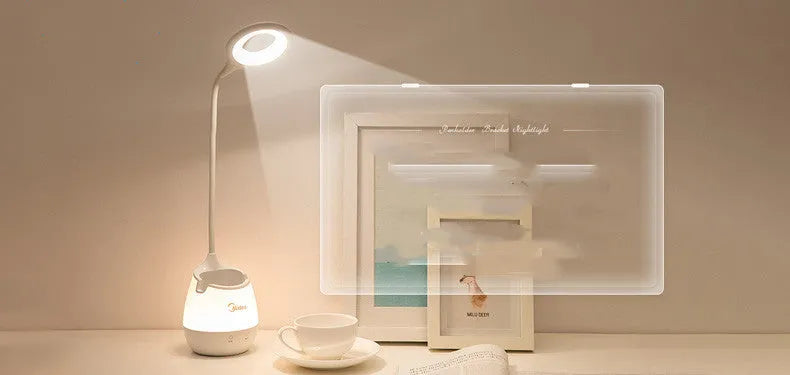 Green USB rechargeable table lamp with touch control on wooden surface