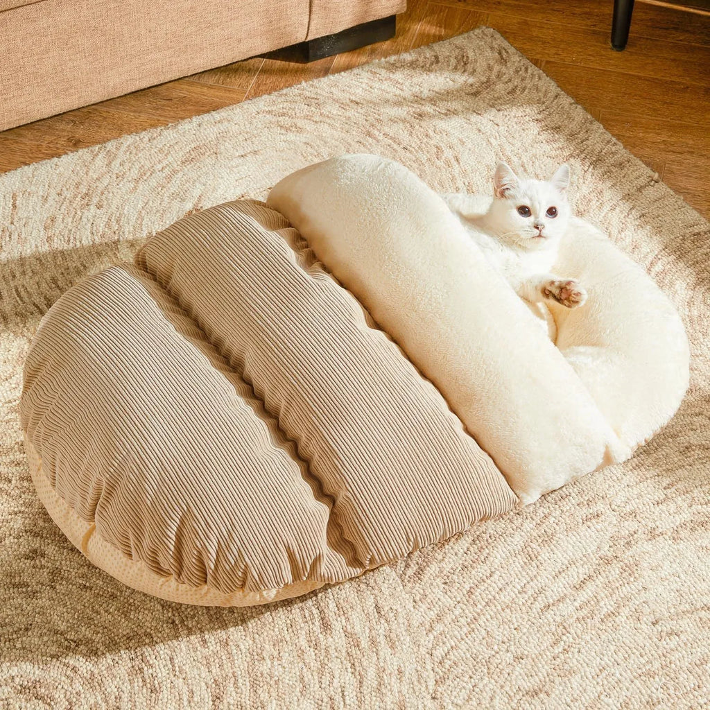Slipper-shaped grey cat cave bed with Arctic velvet interior shown in both enclosed and open configurations