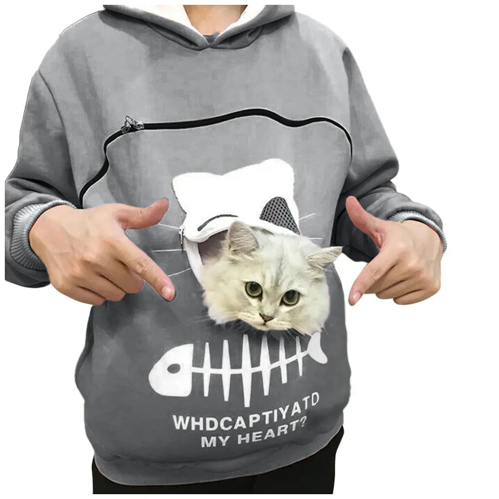 Women hoodie sweatshirt with cat pet pocket design, long sleeve cotton sweater in beige colour