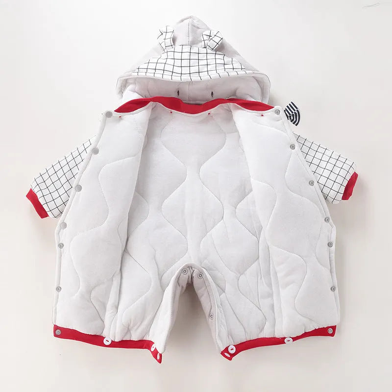 Long sleeve hooded baby jumpsuit in beige or dark blue, winter outfit, sizes 59cm to 90cm