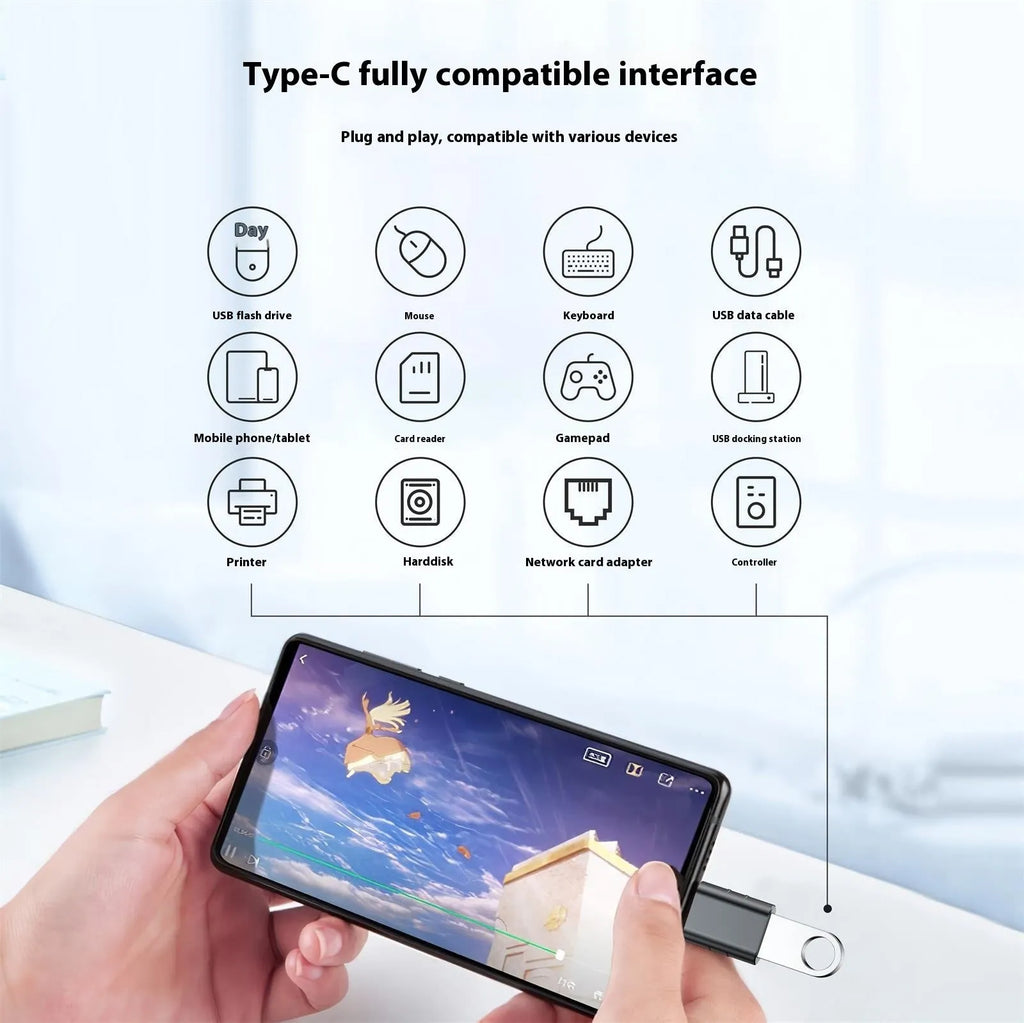 USB-C to USB-A adapter in metallic finish for data transfer and charging