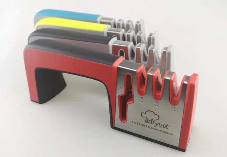 4-in-1 kitchen knife sharpener with TPR handle showing diamond, ceramic and tungsten steel grinding elements