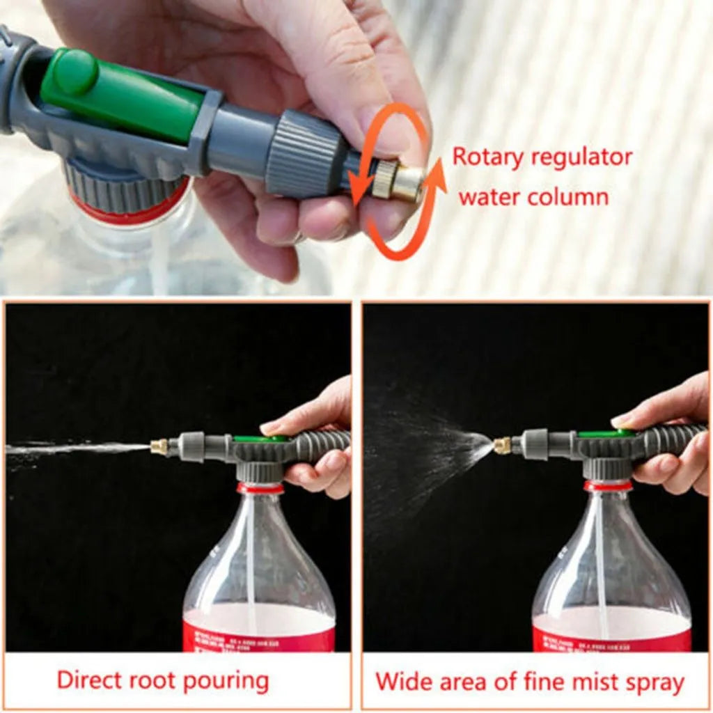Plastic watering sprayer nozzle with extension tube attached to a large clear beverage bottle.