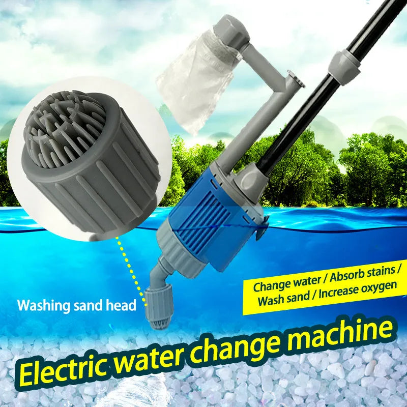 Electric aquarium gravel cleaner with 20W motor, plastic body, hose, and suction ports on white background