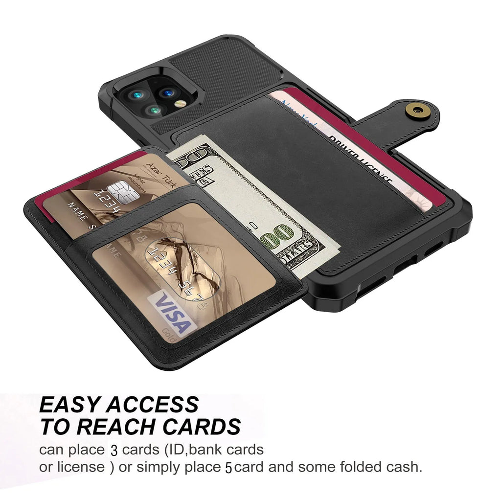 Black imitation leather iPhone back cover case with a slot for holding credit cards.