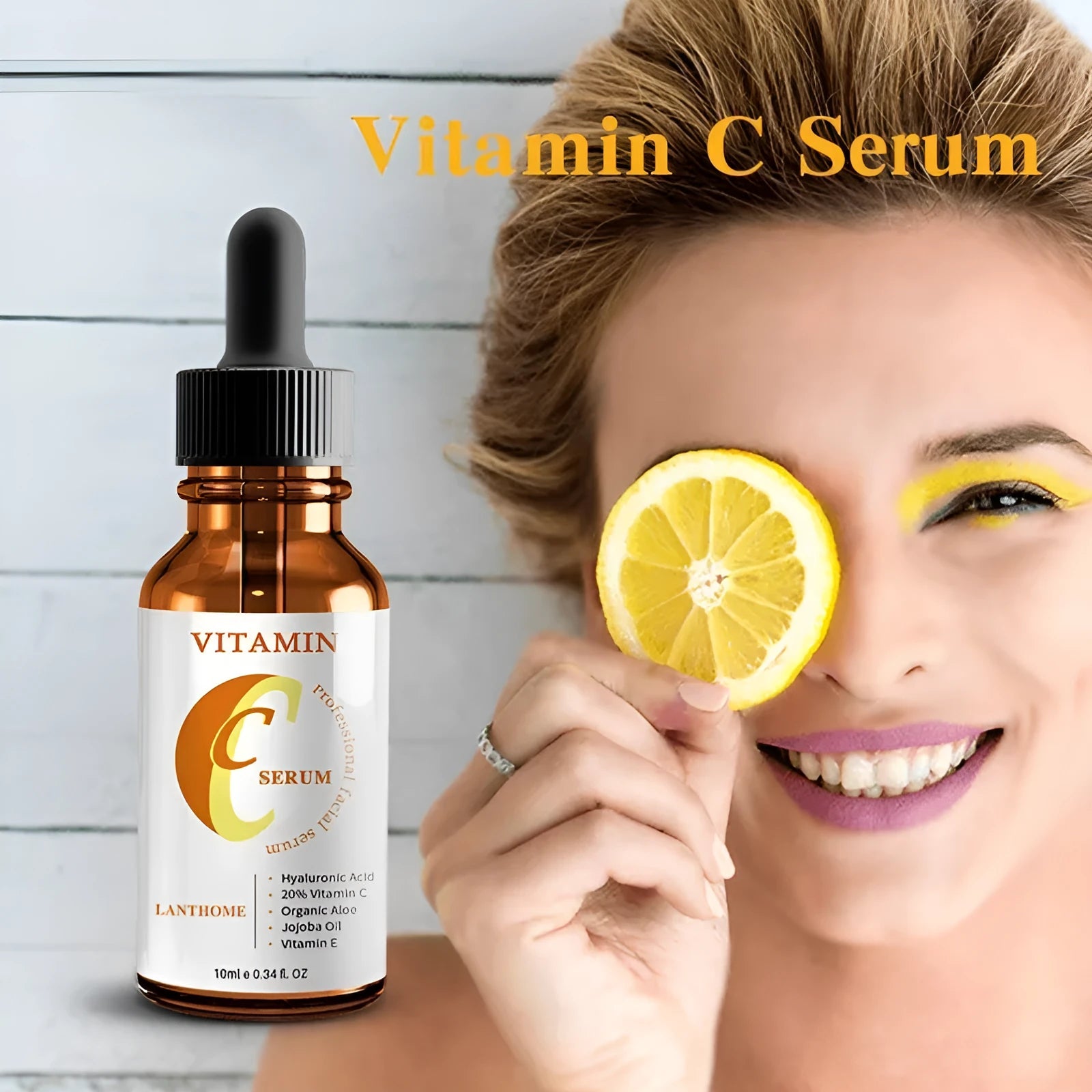 Bottle of Vitamin C and hyaluronic acid facial serum for skin brightening and anti-aging.
