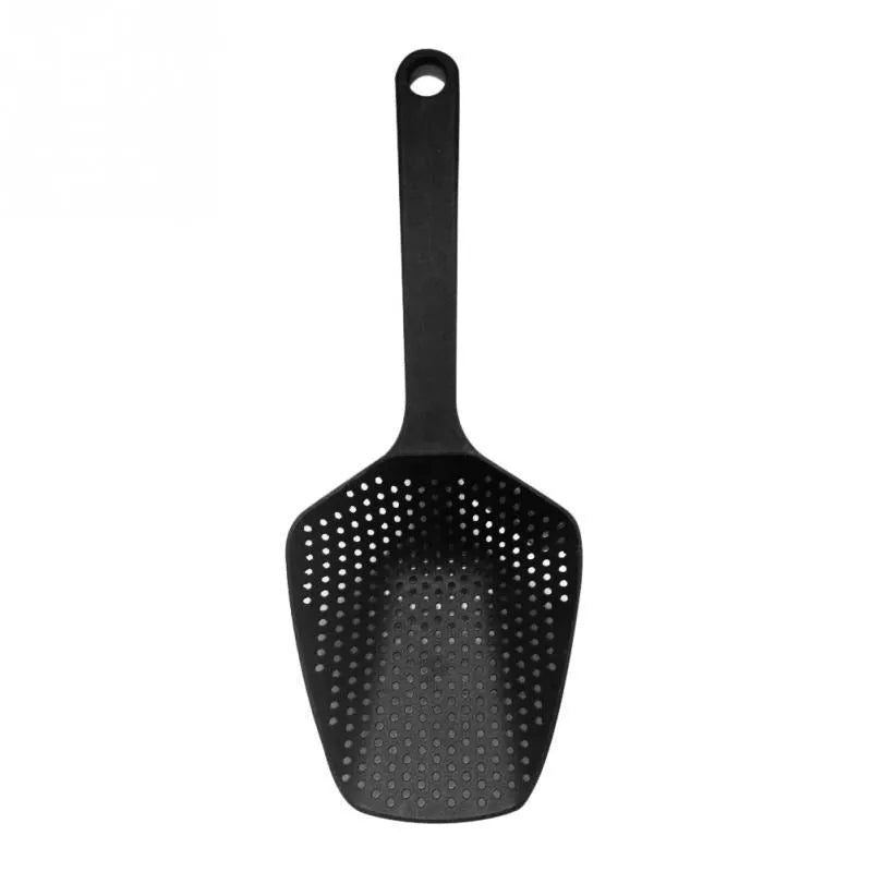Large plastic kitchen colander strainer scoop in multiple colours for draining food.