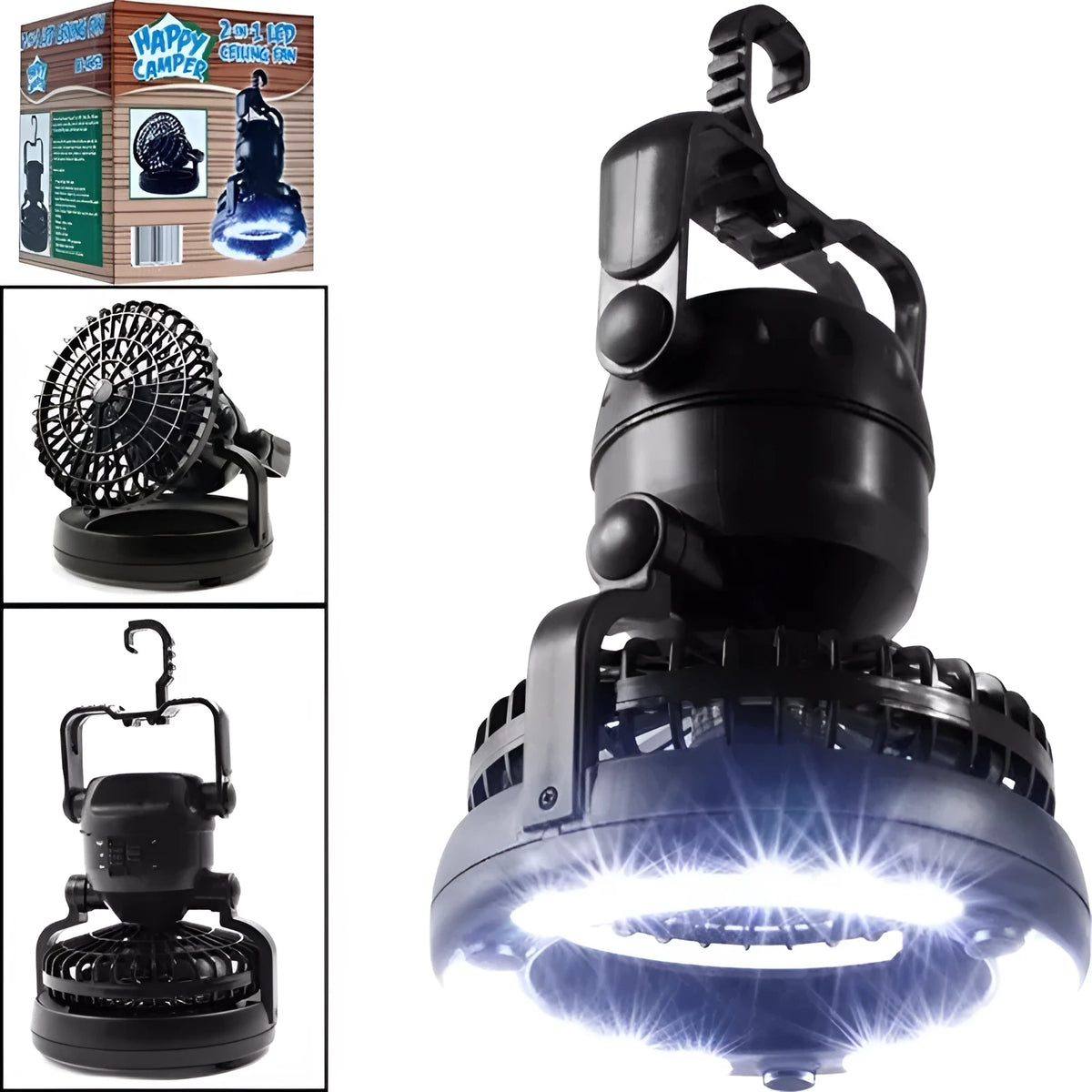 Camp fan lamp in ABS, 167 x 184 mm, with 18 white LEDs, top hook, and 2 D battery compartment