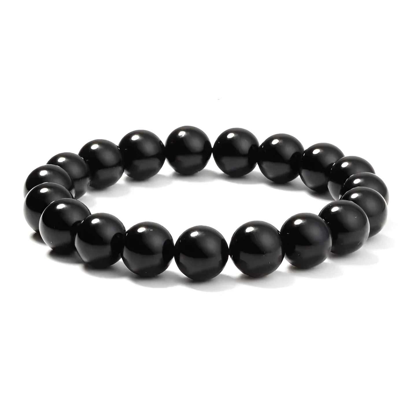 Black onyx bracelet with 8mm natural black agate beads on elastic cord, geometric women's jewellery