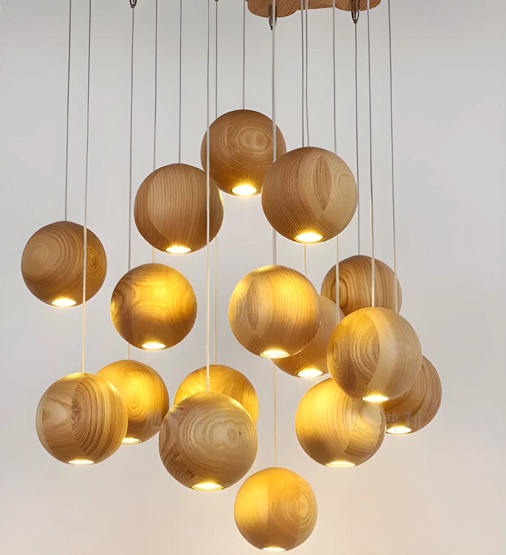 Nordic style solid wood ball chandelier with wooden shade, shown in a one-head configuration.