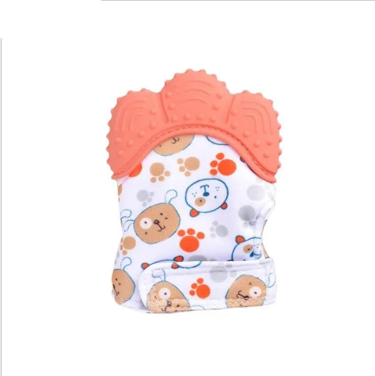 Baby silicone teething glove with Velcro strap in a smiley face yellow design.