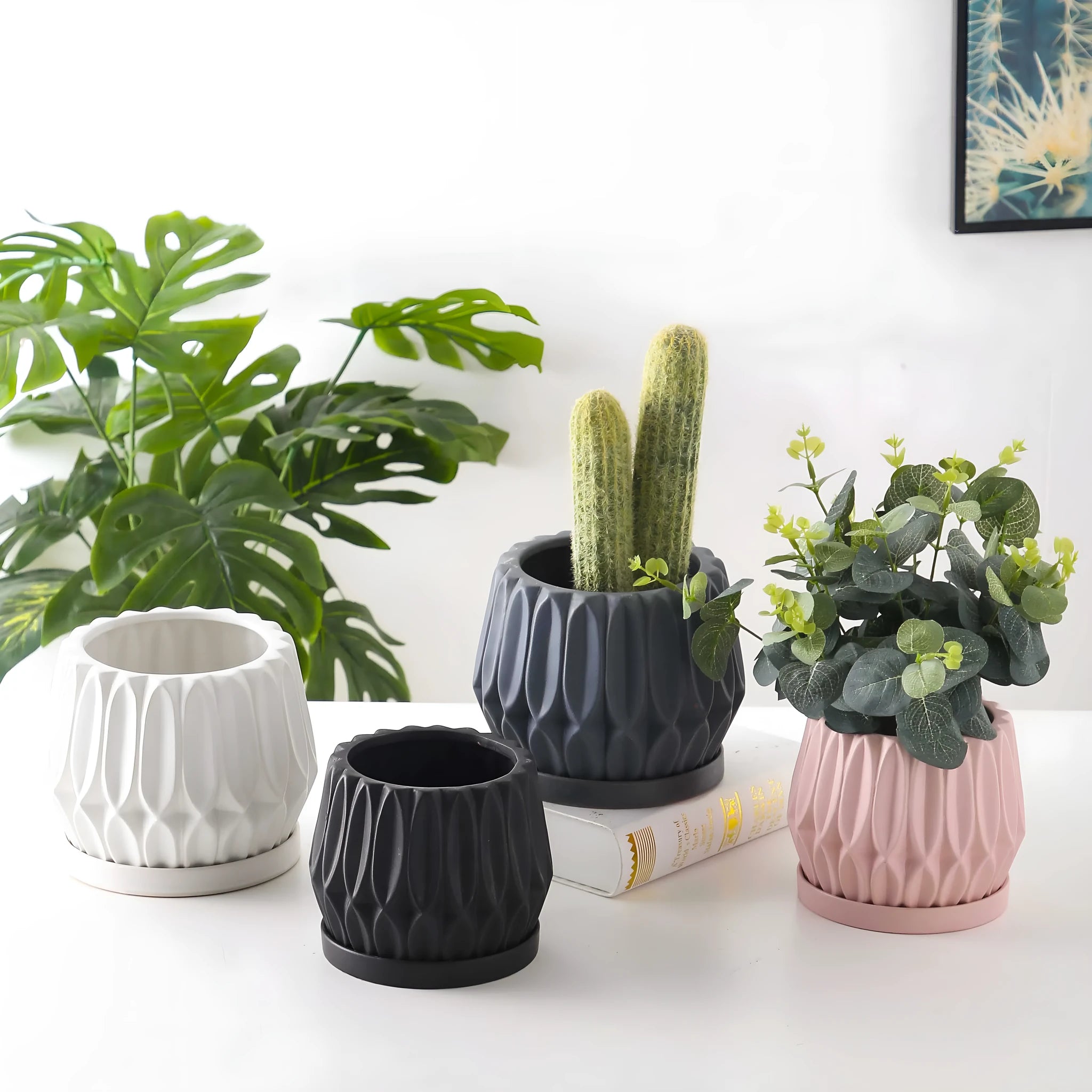Grey ceramic tabletop flowerpot medium size simple style plant container
