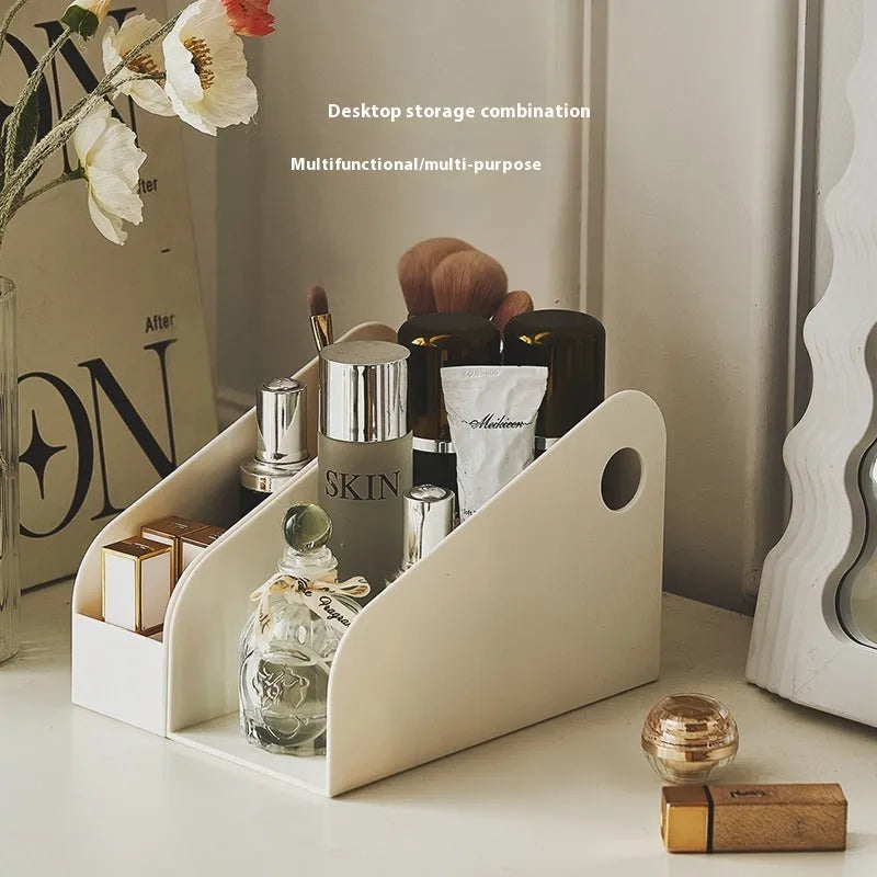 Two-layer plastic desktop storage box in milk coffee colour measuring 14.5x17x22cm