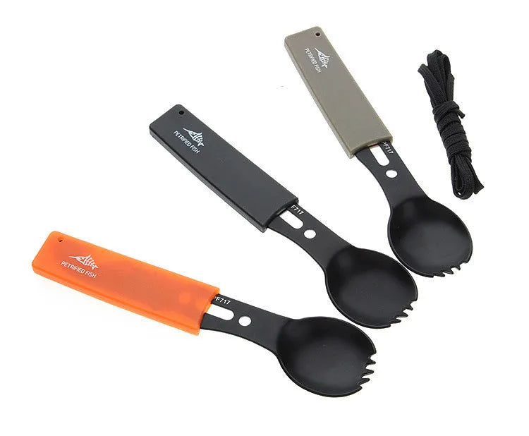 Outdoor spoon fork knife set with whistle camping tool 15.7cm stainless steel black silver