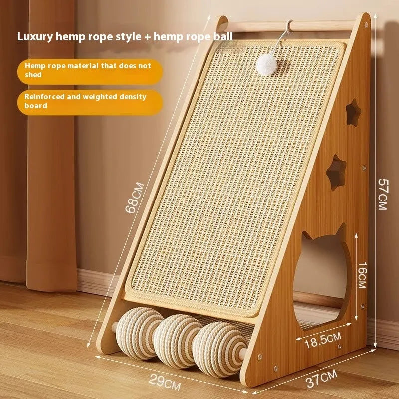 Vertical wall-mounted cat scratch board with sisal surface and a dangling teasing ball.