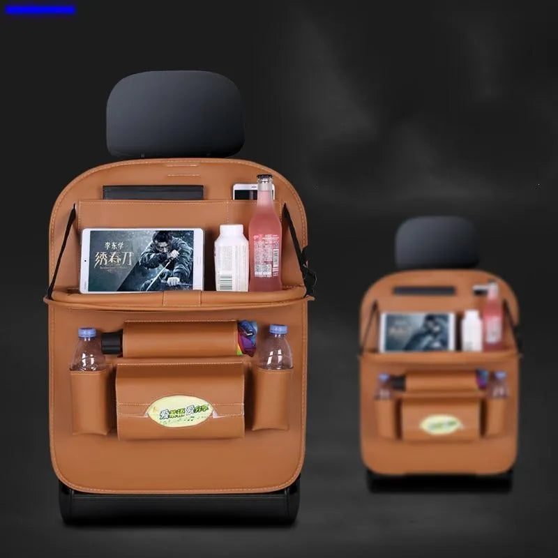 Hanging storage bag seat organiser in wear-resistant leather for car seat back with beige colour
