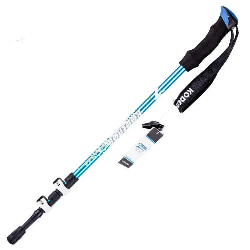 Blue aluminium alloy trekking pole with straight handle extended to full length against a natural outdoor background