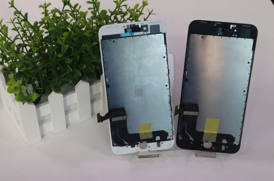 iPhone LCD screen replacement display with capacitive touch, shown with a black frame and a disassembly tool.