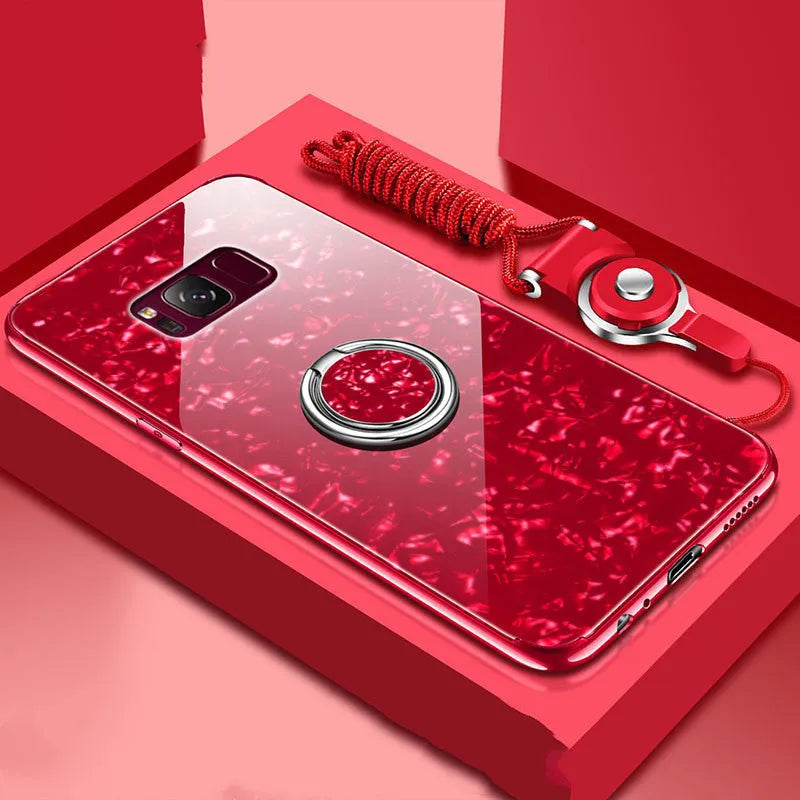 Tempered glass phone case for Samsung Galaxy S8 and S9 in black, pink, red, and white colours.