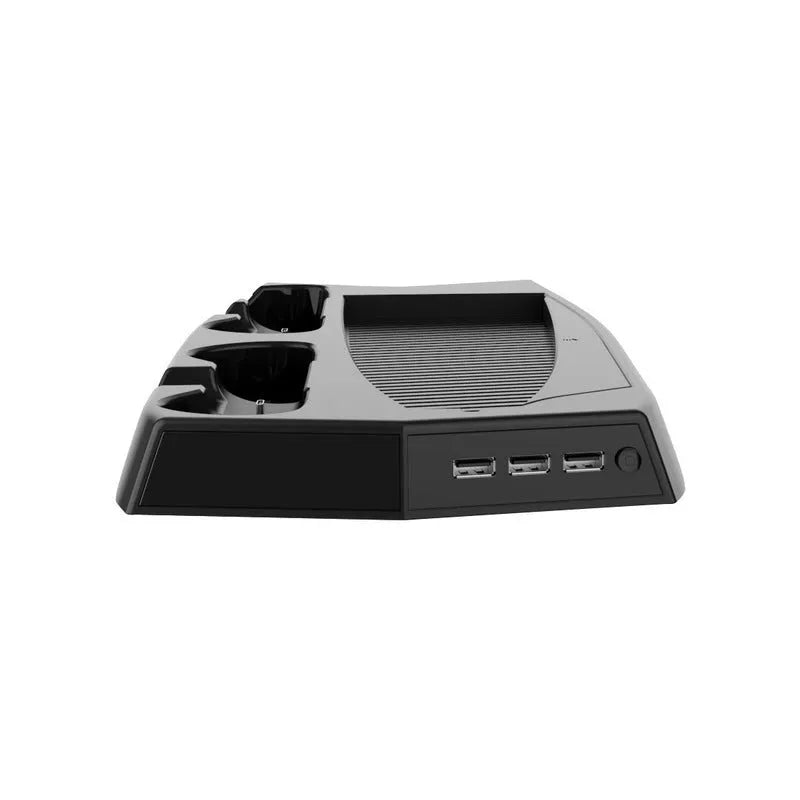 Matte black PS5 cooling charging base with USB ports, two controller docks, and a fan grill.
