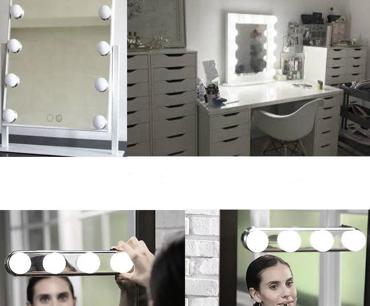 Four bulb mirror headlight with suction cup and round LED light for indoor makeup use