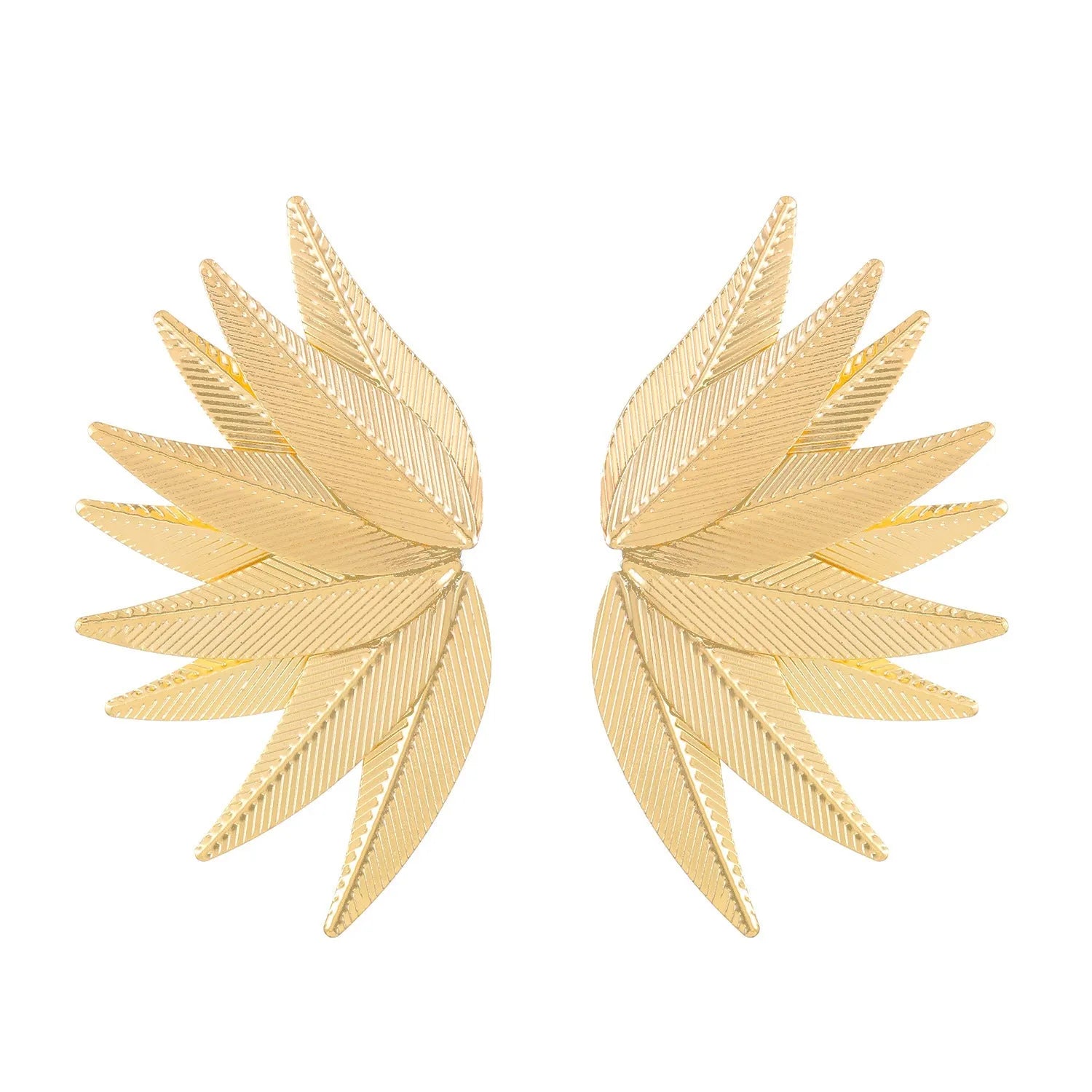 A pair of gold or white alloy earrings shaped like a leaf.