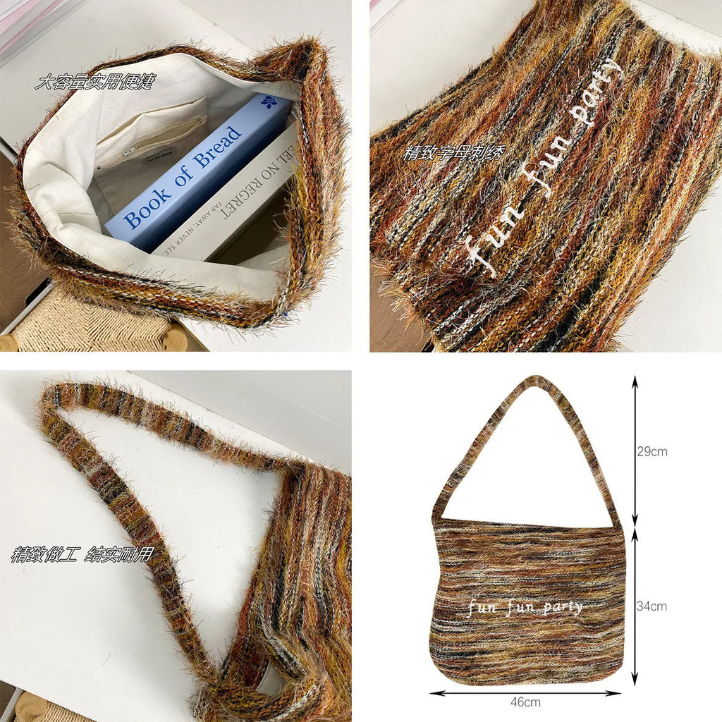 Plush shoulder bag with alphabet embroidery and tassel, horizontal square shape, soft plush finish, single shoulder strap, five colours denim blue green purple sea salt blue yellow