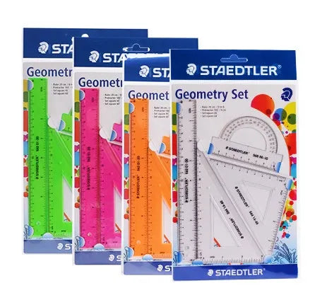 Plastic ruler set with four pieces: 15cm ruler, 30° triangle, 45° triangle, and protractor in transparent plastic.