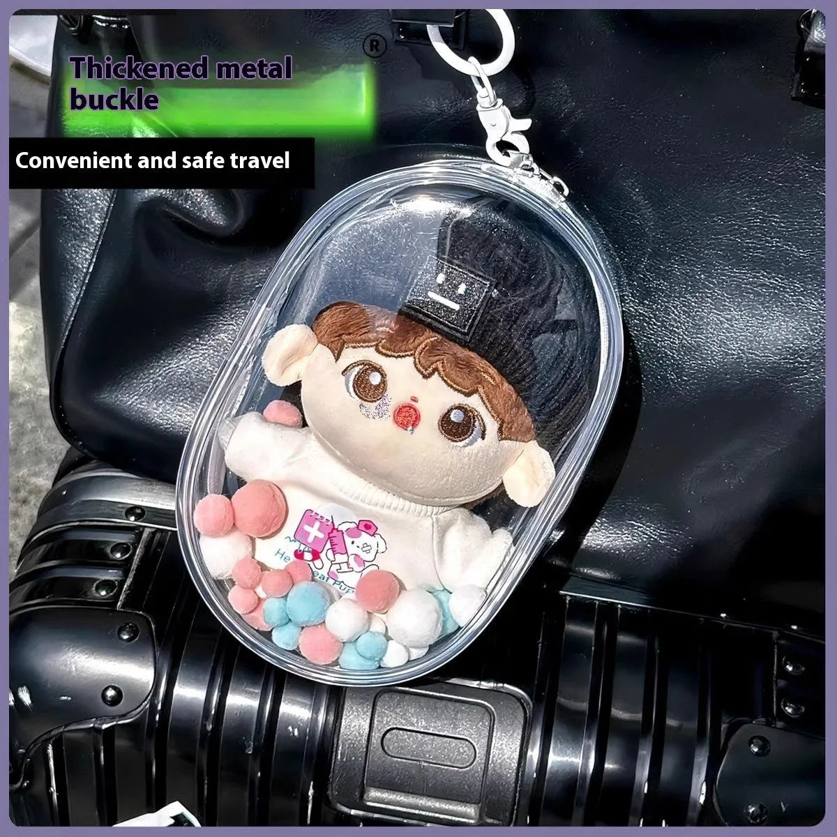 Clear PVC cube storage bag with cartoon keychain for dolls, available in multiple colours and sizes.