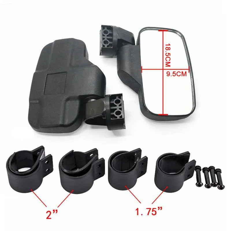 Black universal UTV off-road rearview mirror with plastic housing and glass reflective surface