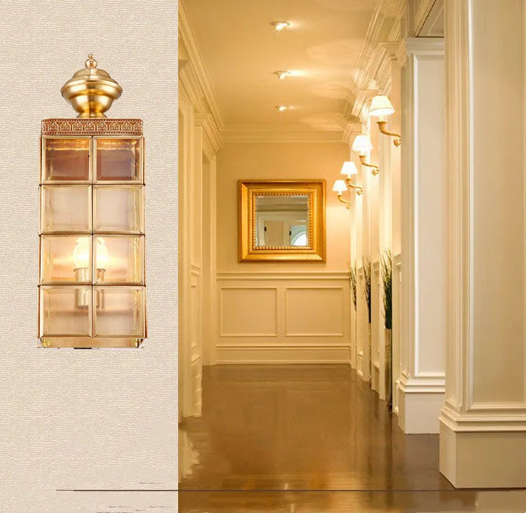 Gold copper LED wall lamp with glass shade, E27 holder, 130x410x150mm, for balcony or courtyard