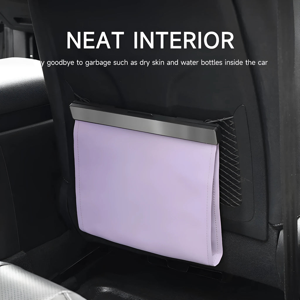 Car leather garbage bag with magnetic closure and LED light, hanging in vehicle interior, black colour